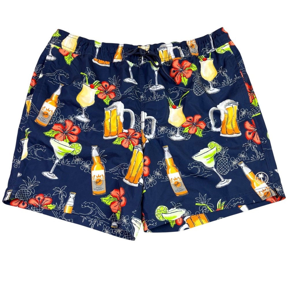 Trinity Coast Mens XL Navy Blue Tropical Drink Print Swim Trunks 6" Inseam Tiki